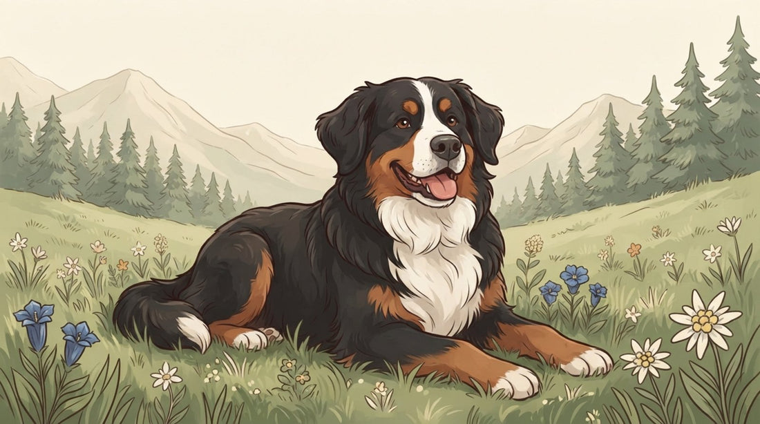 Tricolor Bernese Mountain Dog lying in a meadow