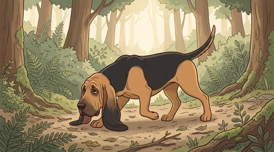 Black-and-tan Bloodhound tracking on a forest trail