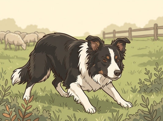 Black-and-white Border Collie with tipped ears crouched in a pasture