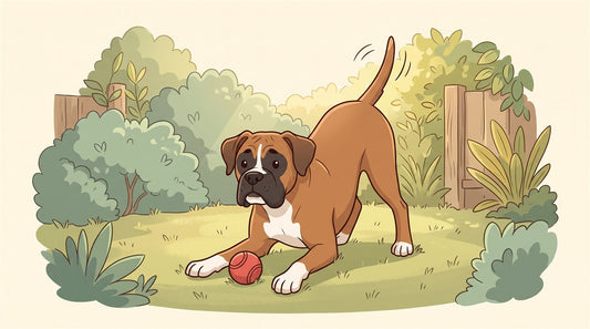 Fawn Boxer with natural folded ears in a play bow