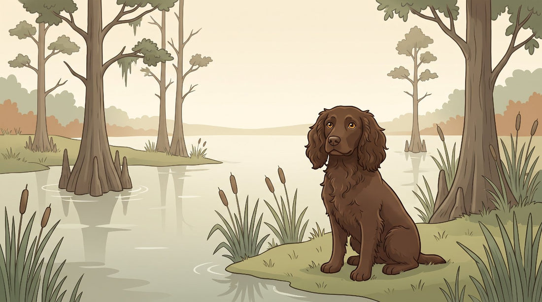 Liver-brown Boykin Spaniel sitting beside a swamp pond
