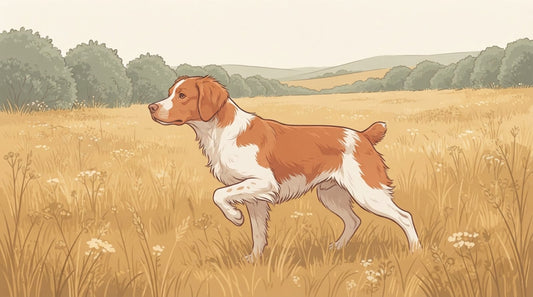 Orange-and-white Brittany on point in a field