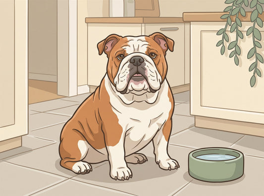 English Bulldog with small rose ears sitting on a kitchen floor
