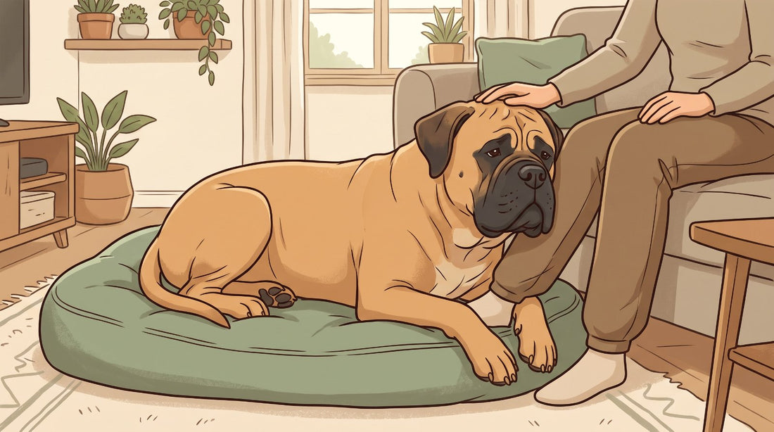 Fawn Bullmastiff resting its head against its owner's leg