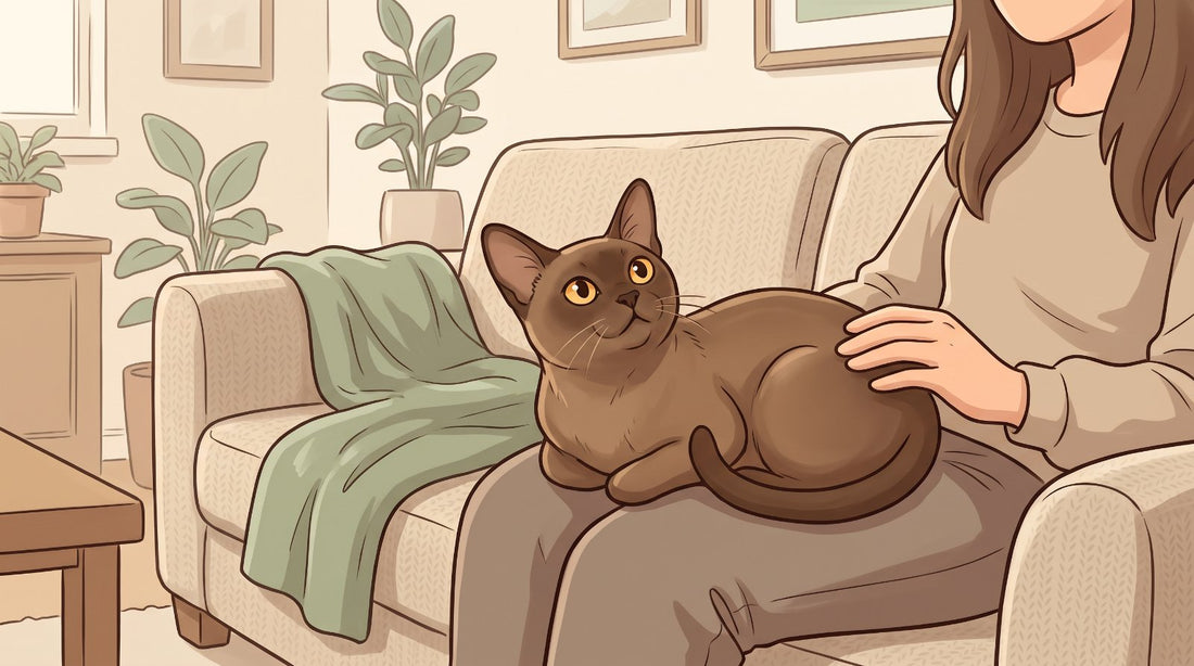 Sable Burmese cat curled up on its owner's lap