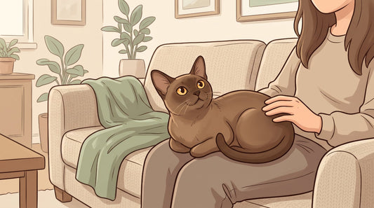 Sable Burmese cat curled up on its owner's lap