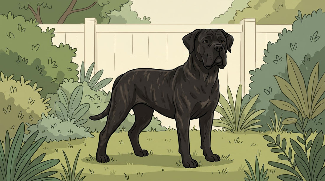 Black brindle Cane Corso with uncropped drop ears in a backyard