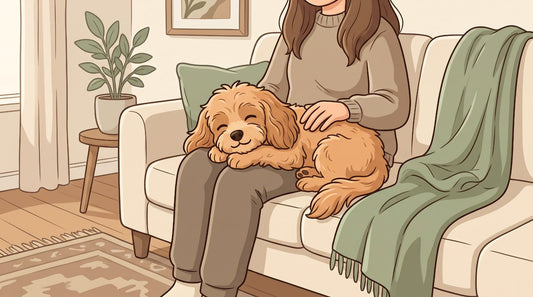 Apricot Cavapoo relaxing on its owner's lap