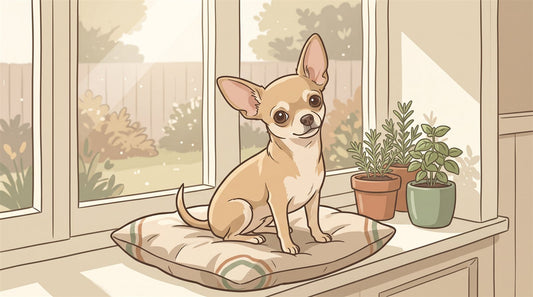Fawn Chihuahua with large upright ears on a windowsill