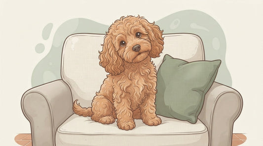 Apricot Cockapoo with curly ears on an armchair