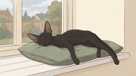 Cornish Rex cat lounging on a sunny windowsill