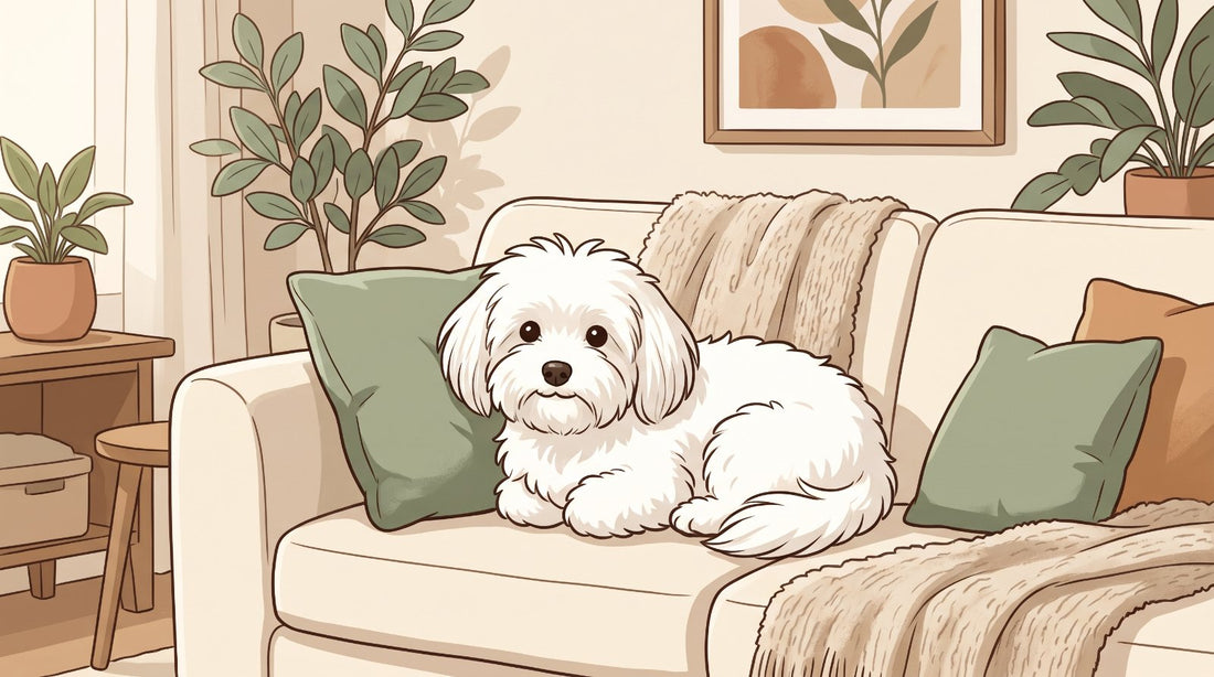 White Coton de Tulear relaxing on a sofa