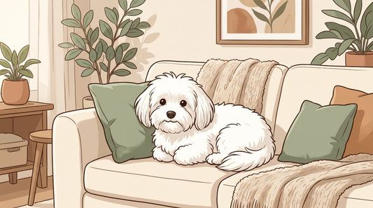 White Coton de Tulear relaxing on a sofa