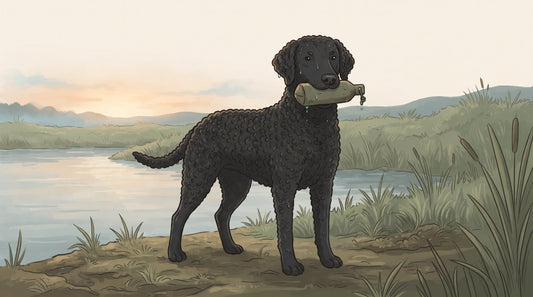 Black Curly-Coated Retriever on a marsh bank