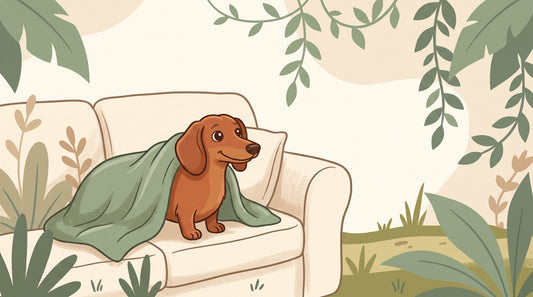 Red Dachshund peeking out of a blanket burrow