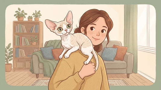 Devon Rex cat perched on its owner's shoulder