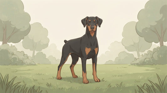 Black-and-rust Doberman Pinscher with uncropped folded ears