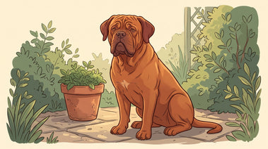 Mahogany Dogue de Bordeaux sitting on a garden patio