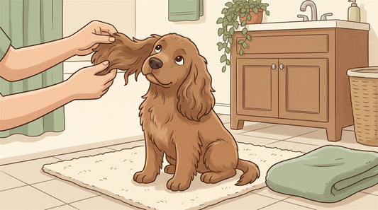 Owner lifting a spaniel-type dog's floppy ear to look inside