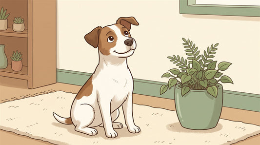 Cheerful terrier mix with a floppy ear sitting on a rug