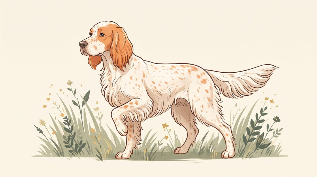 Orange belton English Setter pointing in a meadow