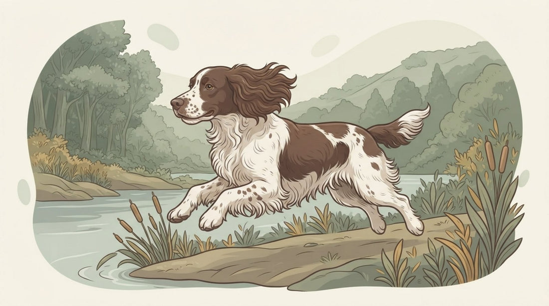 English Springer Spaniel with feathered ears running along a riverbank