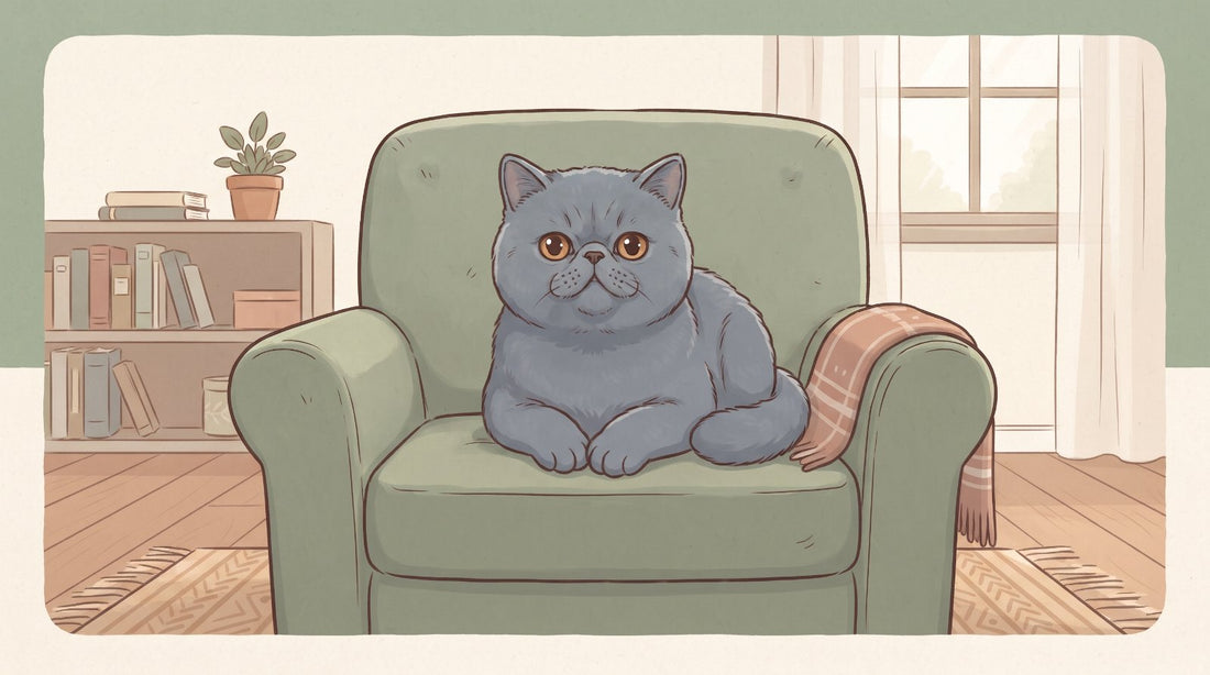 Blue Exotic Shorthair cat sitting on an armchair