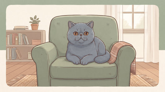Blue Exotic Shorthair cat sitting on an armchair