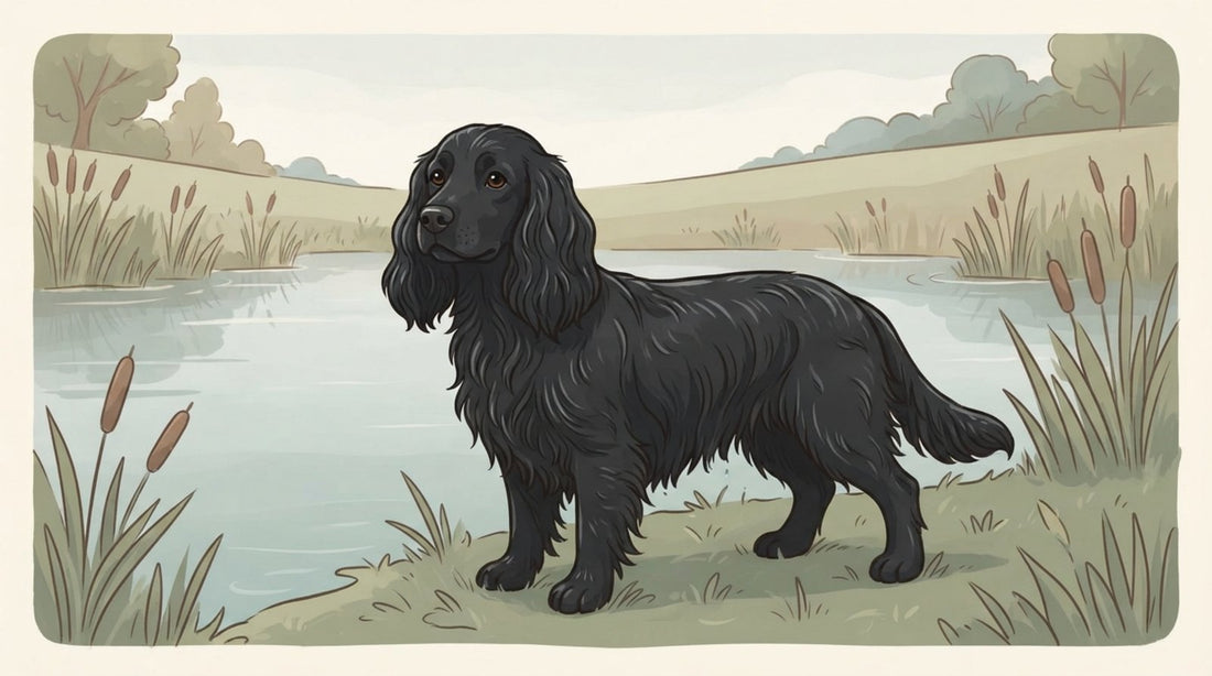 Black Field Spaniel standing at the edge of a pond