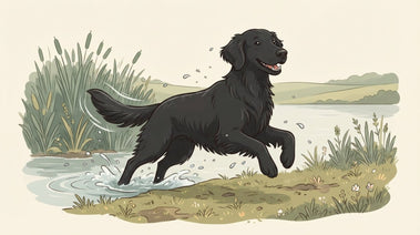 Black Flat-Coated Retriever bounding out of a lake