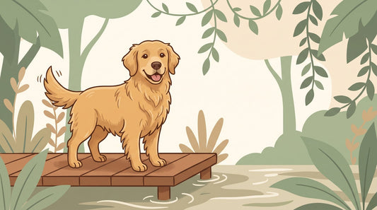 Golden Retriever on a dock by a lake