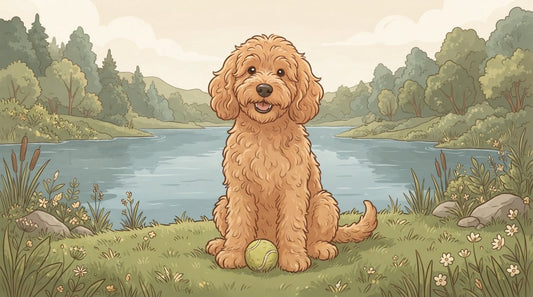 Apricot Goldendoodle with fluffy drop ears sitting by a lake