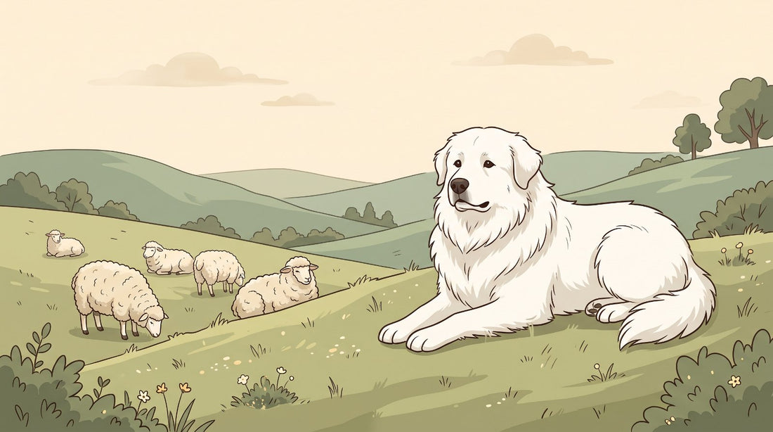 White Great Pyrenees guarding sheep on a hillside