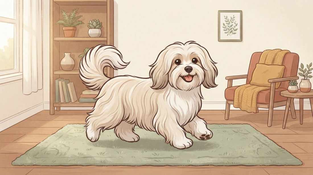 Cream Havanese with long silky ears trotting across a living room
