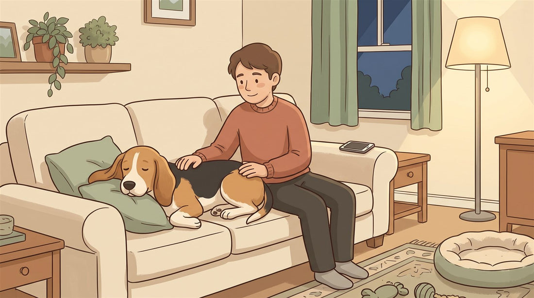 Owner comforting a droopy-eared dog on the couch in the evening