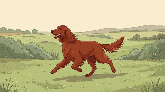Mahogany Irish Setter running through a meadow