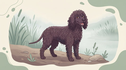 Liver Irish Water Spaniel standing on a riverbank