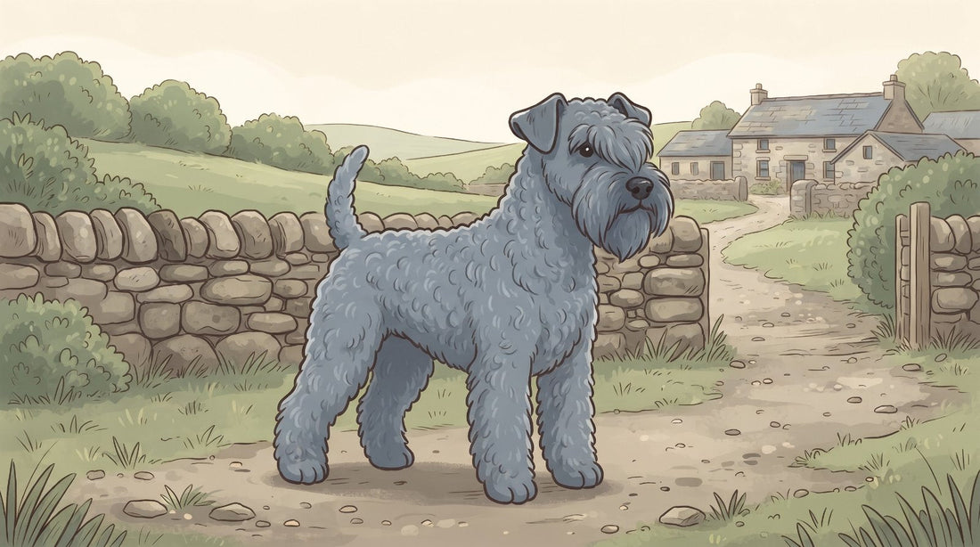 Blue-gray Kerry Blue Terrier standing in a farmyard