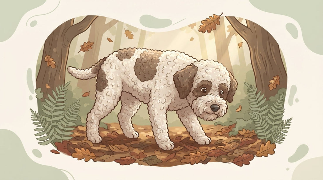 Off-white and brown Lagotto Romagnolo sniffing the woodland floor