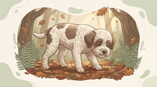 Off-white and brown Lagotto Romagnolo sniffing the woodland floor