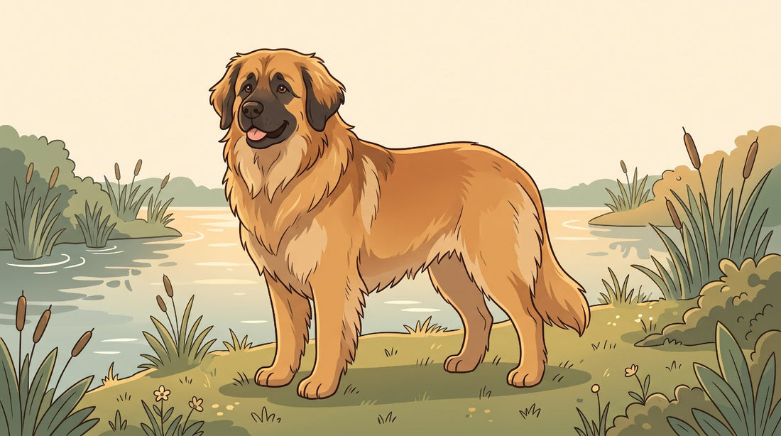 Golden Leonberger standing on a lakeshore