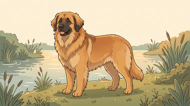 Golden Leonberger standing on a lakeshore
