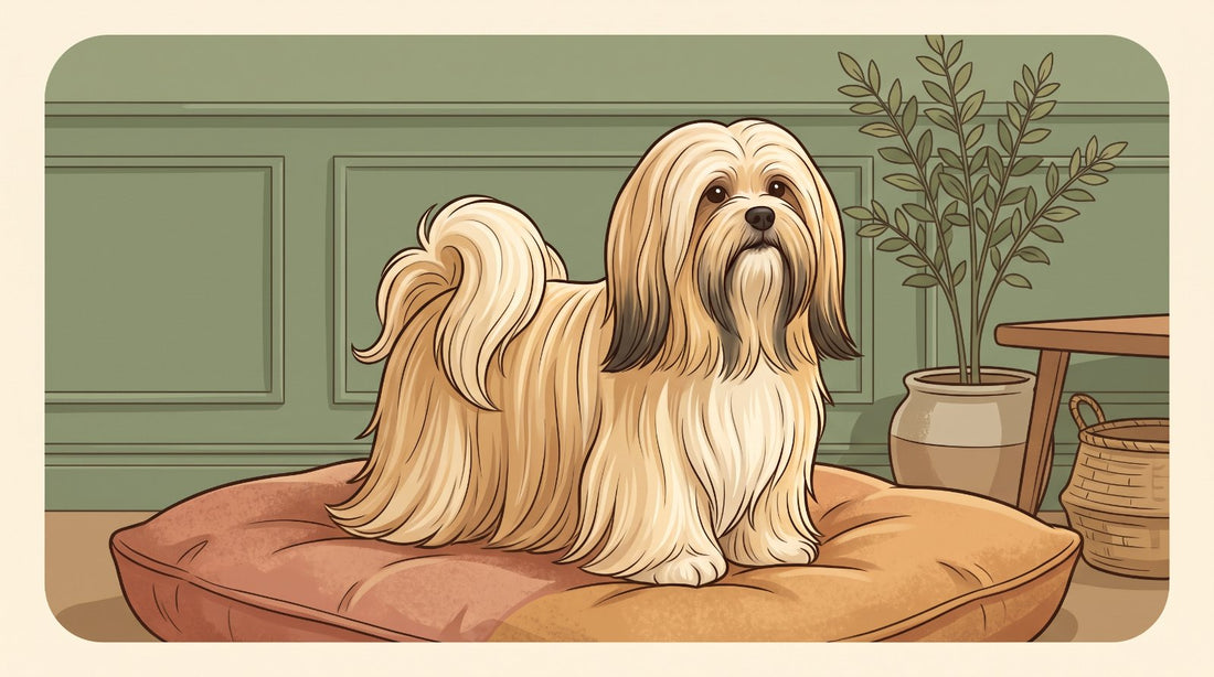 Golden Lhasa Apso with a long coat sitting on a cushion