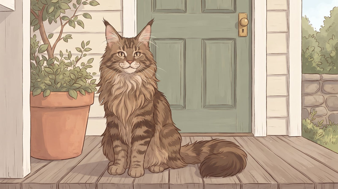 Brown tabby Maine Coon cat sitting on a porch
