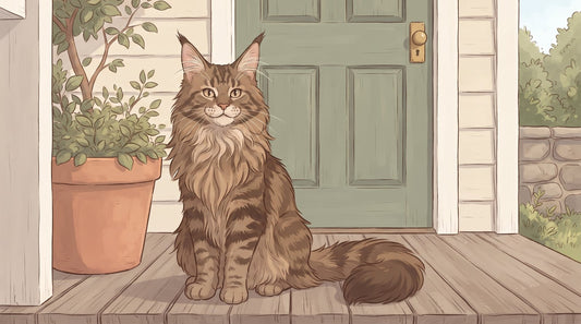 Brown tabby Maine Coon cat sitting on a porch