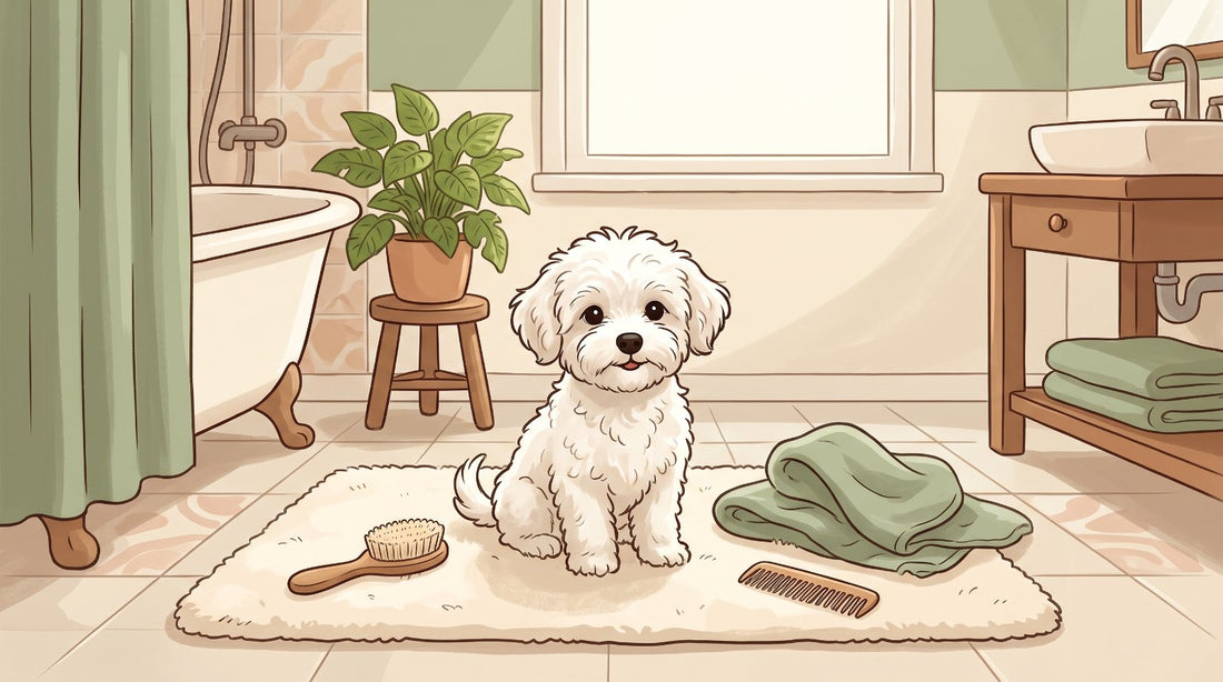 White Maltipoo sitting on a bath mat after grooming