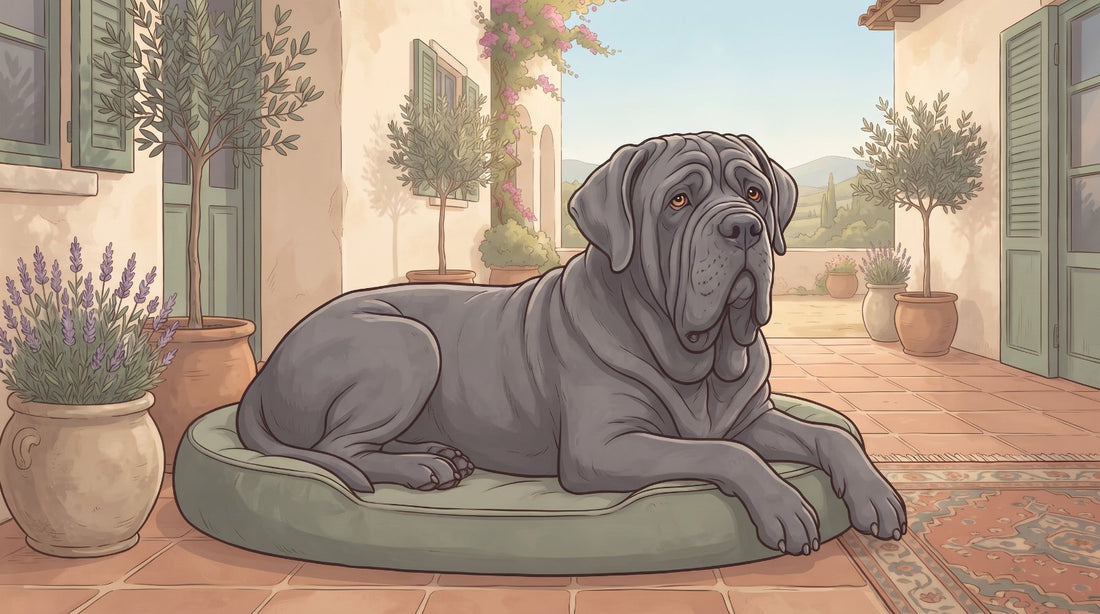 Gray Neapolitan Mastiff lying on a porch