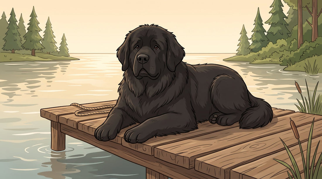 Black Newfoundland lying on a lakeside dock