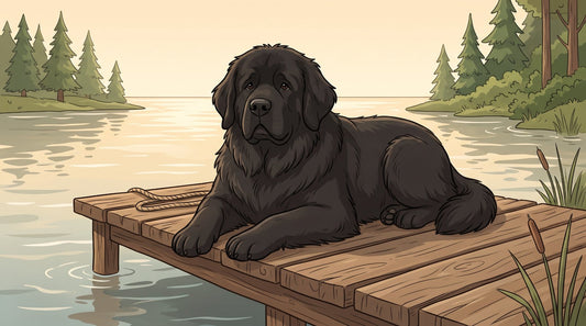 Black Newfoundland lying on a lakeside dock