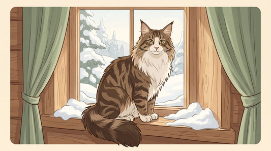 Brown tabby and white Norwegian Forest Cat on a winter window ledge